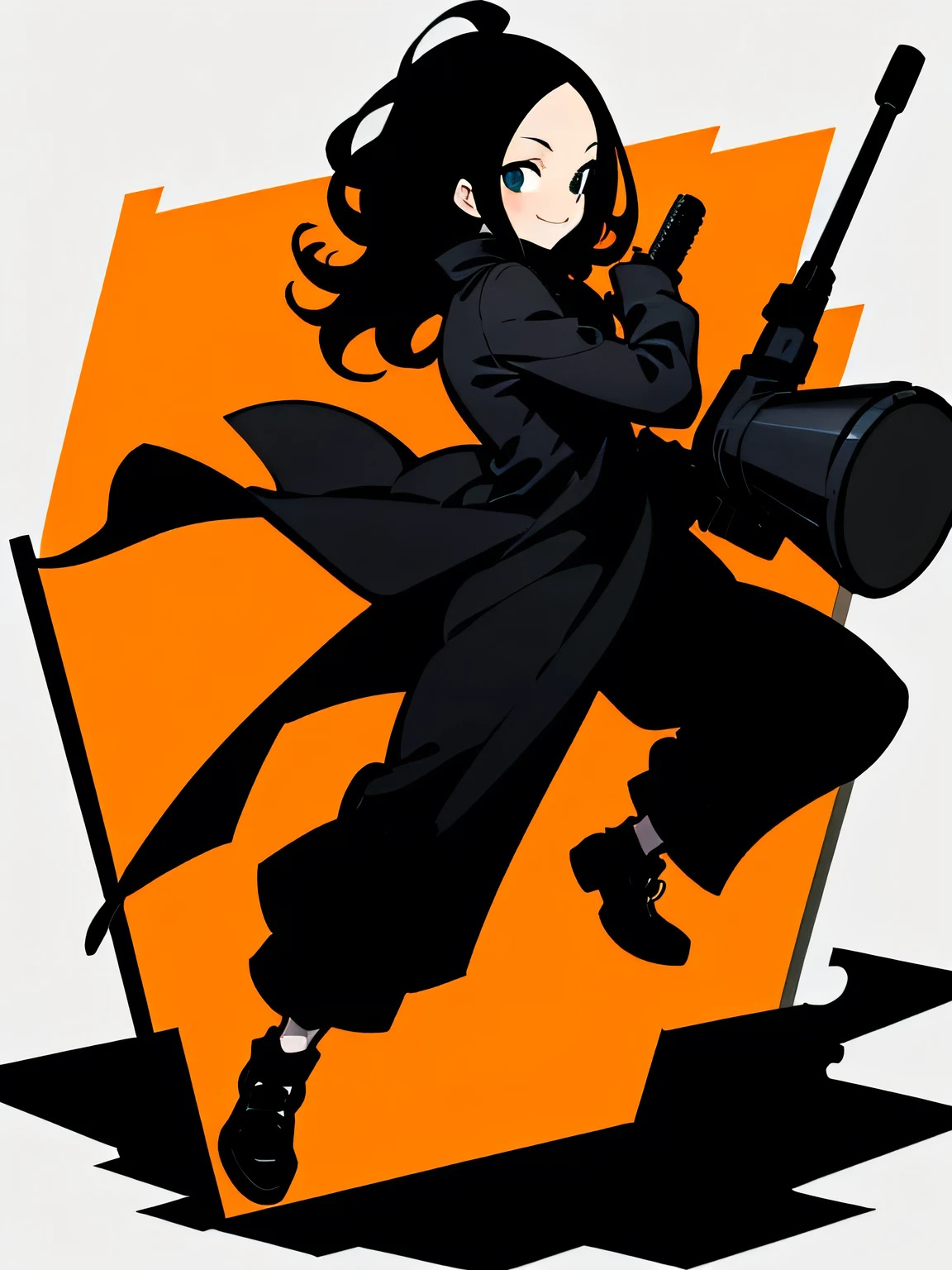 sideview,(looking at viewer:1.3),Alone,fullbody,male,black medium hair,big forehead,Black big gun, Black Trench Coat,stylish action pose,profile,,Murakami:1.2,smile、White Background,