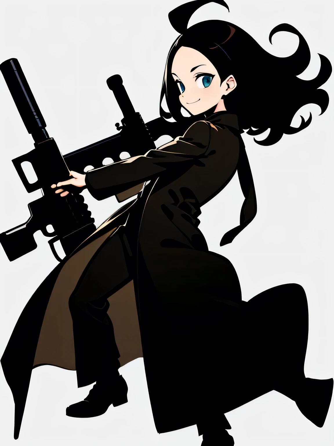 sideview,(looking at viewer:1.3),Alone,fullbody,male,black medium hair,big forehead,Black big gun, Black Trench Coat,stylish action pose,profile,,Murakami:1.2,smile、White Background,