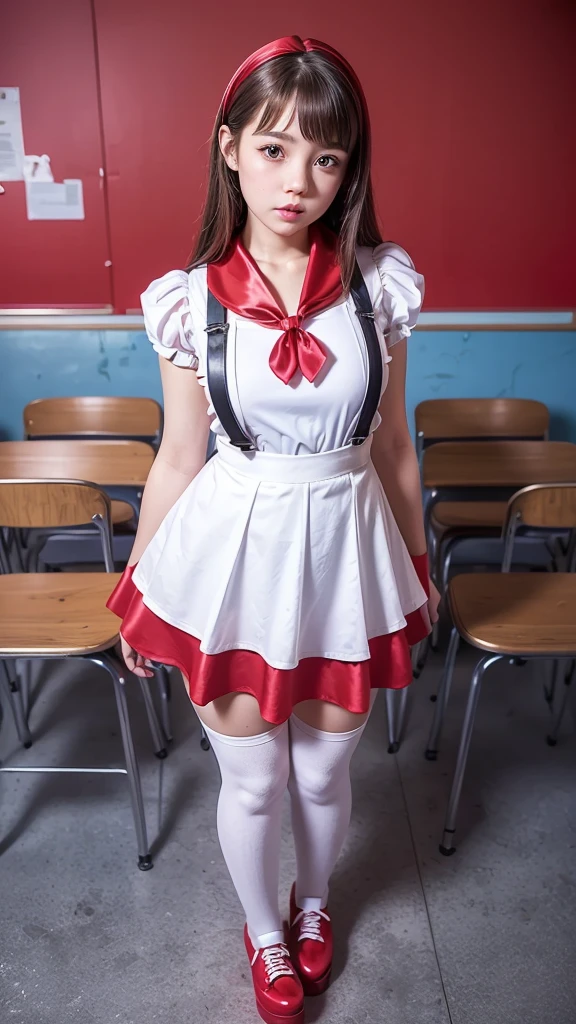 Masterpiece full HD 8k raw photo high definition perfect body perfect face beautiful 1 cute 18 year old Argentinian girl long straight hair brown eyes perfect body slim thighs developed breasts small butt ( is kidnapped) dressed in a white sailor school blouse AND a short red pleated school skirt ( tied arms , arms behind the back ,with a tight rope, legs tied and a piece of tape in her mouth) crouched with her legs open in the shape of an M showing her thighs and her black underwear is visible while she makes a scared face looking at the viewer , with a view focused on her skirt seen from the front