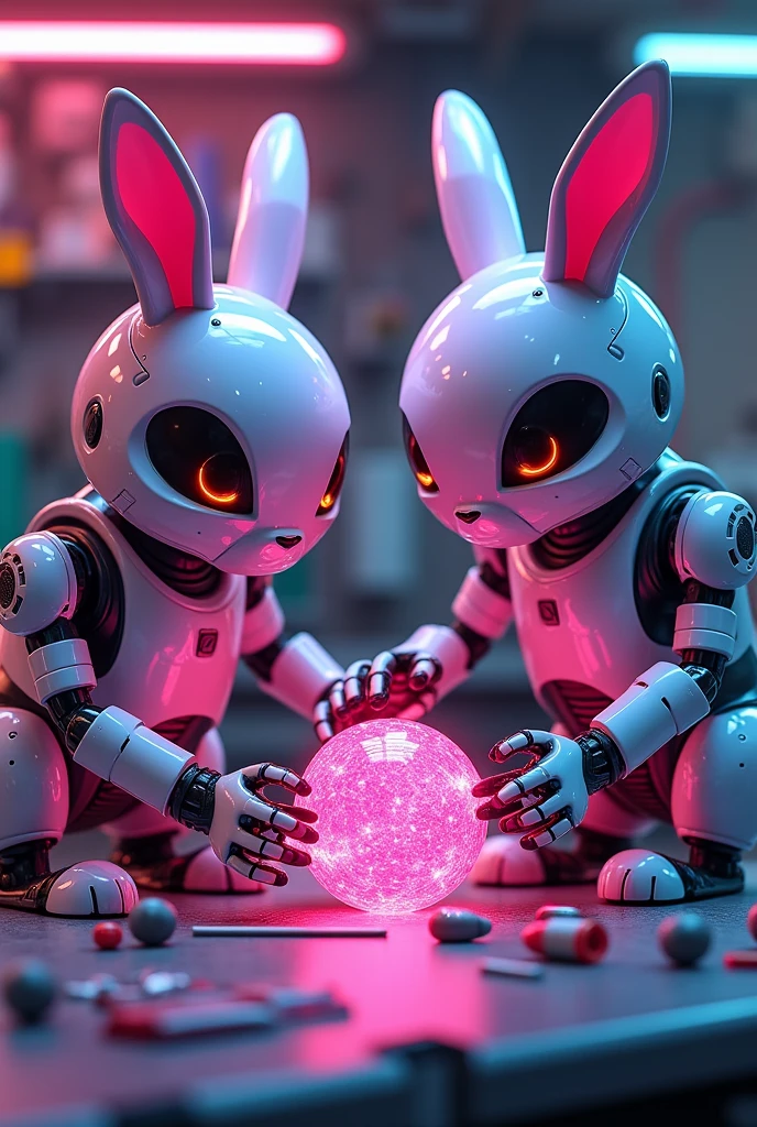 there are two robots standing next to each other in a room, beeple and jeremiah ketner, alice in wonderland cyberpunk, james jean and wlop, pop surrealism art style, benjamin lacombe, wlop and andrei riabovitchev, by Jason Teraoka, pop surrealism, pop surrealism lowbrow art style, mark ryden highly detailed