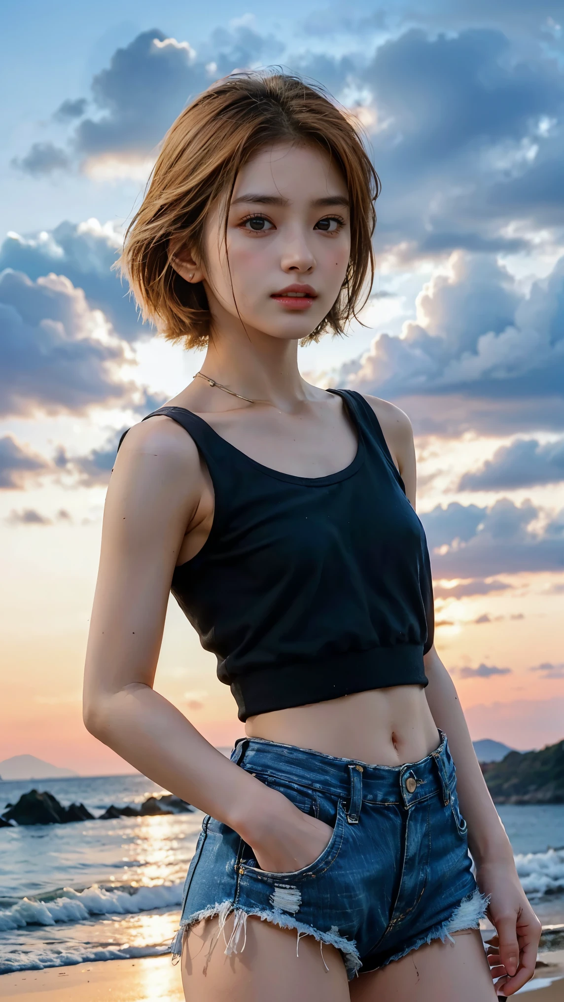 nsfw:1.2, super high quality, a scene from the movie,Japanese famous actress,, (((Android 18 in Dragon Ball )))， 40 years old ,smile,，64k, high Quality ，Clear body line、Small size breast,、Full body diagram、Angle from the side、Staring at the camera、beauty,high detail，standing on the sunset beach:1.4 , no make，My hair is fluttering in the wind， short hair:1.0, Delicate shoulders, (The breast are facing up:1.4),,(   lerge Mons pubis :1.2),