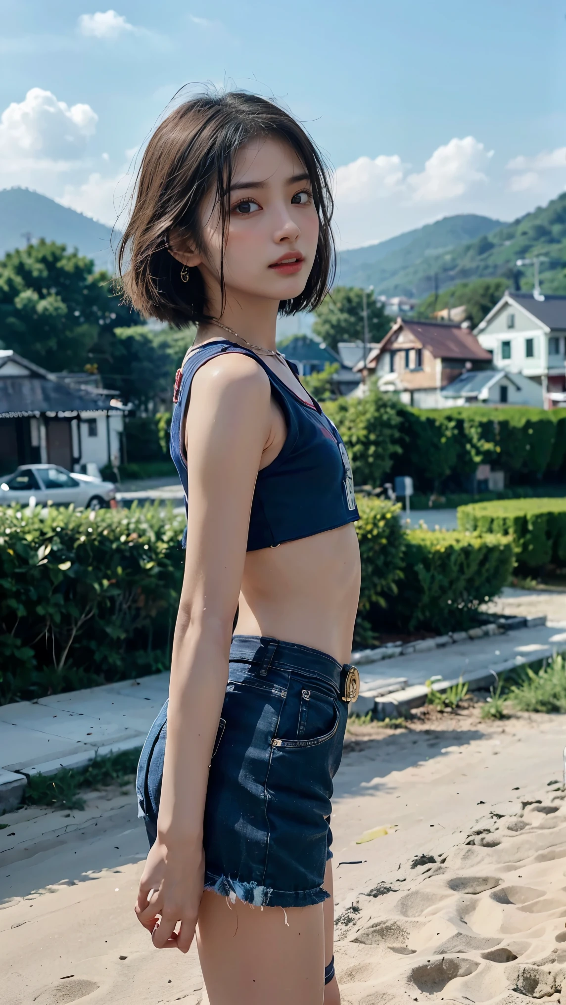 nsfw:1.2, super high quality, a scene from the movie,Japanese famous actress,, (((Android 18 in Dragon Ball ))), 40 years old ,smile,,64k, high Quality ,Clear body line、Small size breast,、Full body diagram、Angle from the side、Staring at the camera、beauty,high detail,standing on the sunset beach:1.4 , no make,My hair is fluttering in the wind, short hair:1.0, Delicate shoulders, (The breast are facing up:1.4),,( lerge Mons pubis :1.2),