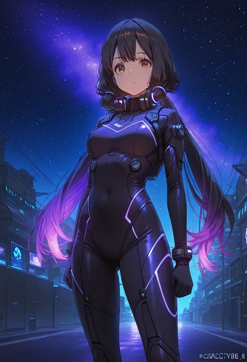 Masterpiece, best quality, (very detailed CG unity 8k wallpaper) (best quality), (best illustration), (best shadows) black hair, brown eyes, high tech suit, body suit, leotard, tight, glowing purple lines, sci-fi suit, very long twin tails, standing on the street, sci-fi city, starry night sky, 