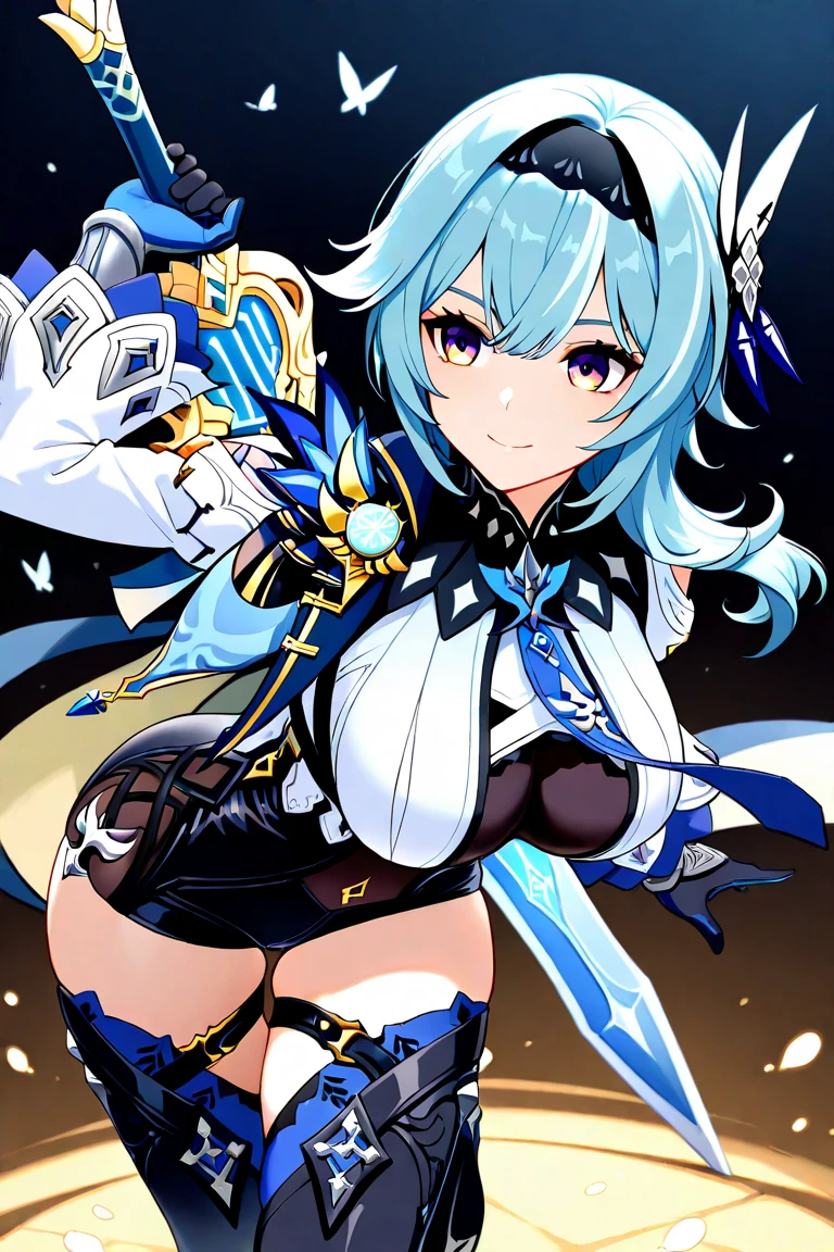 masterpiece, best quality, very aesthetic, absurdres, newest, 1girl, solo,standing_split,
eula_(genshin_impact), genshin_impact, 1girl, belt, black_gloves, black_hairband, black_leotard, black_thighhighs, blue_cape, blue_hair, breasts, brown_eyes, cape, gloves, hair_ornament, hairband, large_breasts, leotard, long_sleeves,medium_hair, necktie, shirt, sidelocks, thighhighs, thighs, underbust,white_shirt,surrounding by flowers,falling_petals, outdoors, petals,