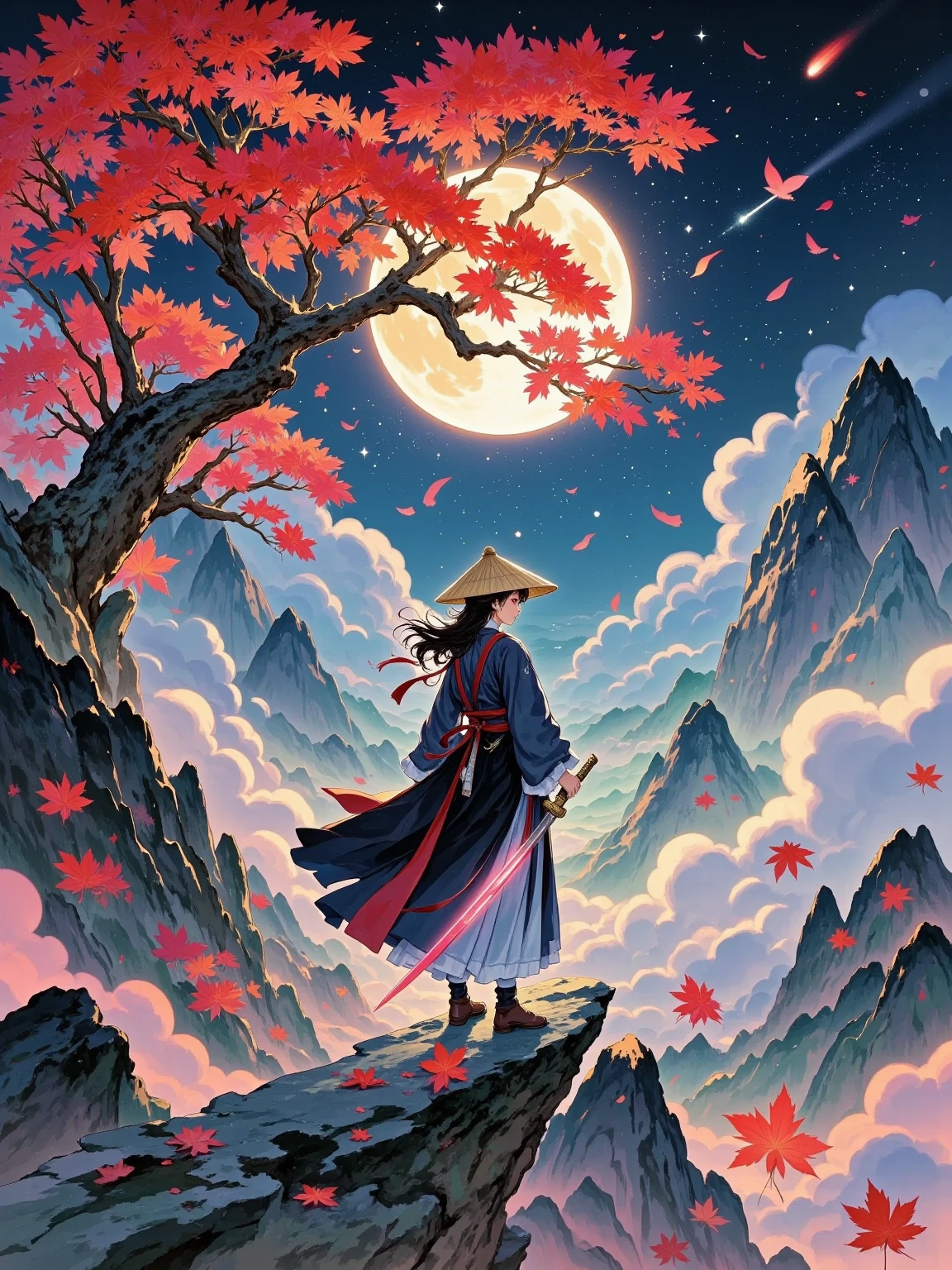 Super detailed high quality 32K resolution. A lone samurai stands on a jagged cliff under the haunting glow of a full moon, surrounded by an ethereal landscape of vivid crimson foliage. The leaves of a massive, ancient maple tree drift through the air, their fiery red tones creating a striking contrast against the muted grays of the swirling clouds and the soft silver moonlight. The samurai’s form is cloaked in flowing black robes, their tattered edges fluttering gently in the wind, blending seamlessly with the shadowed surroundings.

The samurai’s wide-brimmed straw hat casts a veil of shadow over his face, revealing only the faintest glimpse of his sharp, calculating eyes. Twin katana swords are strapped across his back, with one blade drawn and glowing faintly with an otherworldly red light, as if pulsing with hidden energy. The texture of the sword’s hilt and blade is intricately detailed, adding to the air of mystery and mastery surrounding the warrior.

The background features dramatic mountain peaks cloaked in mist, their rugged outlines illuminated by the silvery light of the moon. The swirling clouds seem alive, parting slightly to allow the moon’s light to cascade down onto the crimson foliage below. The ground beneath the samurai’s feet is rugged and textured, covered in scattered leaves that seem to ignite the terrain in shades of red.

The overall scene is a blend of cinematic intensity and serene beauty, combining the timeless discipline of the samurai with a mystical, almost dreamlike setting. The interplay of light, shadow, and vibrant colors evokes a feeling of isolation, power, and quiet determination, as the lone warrior prepares for whatever lies ahead.