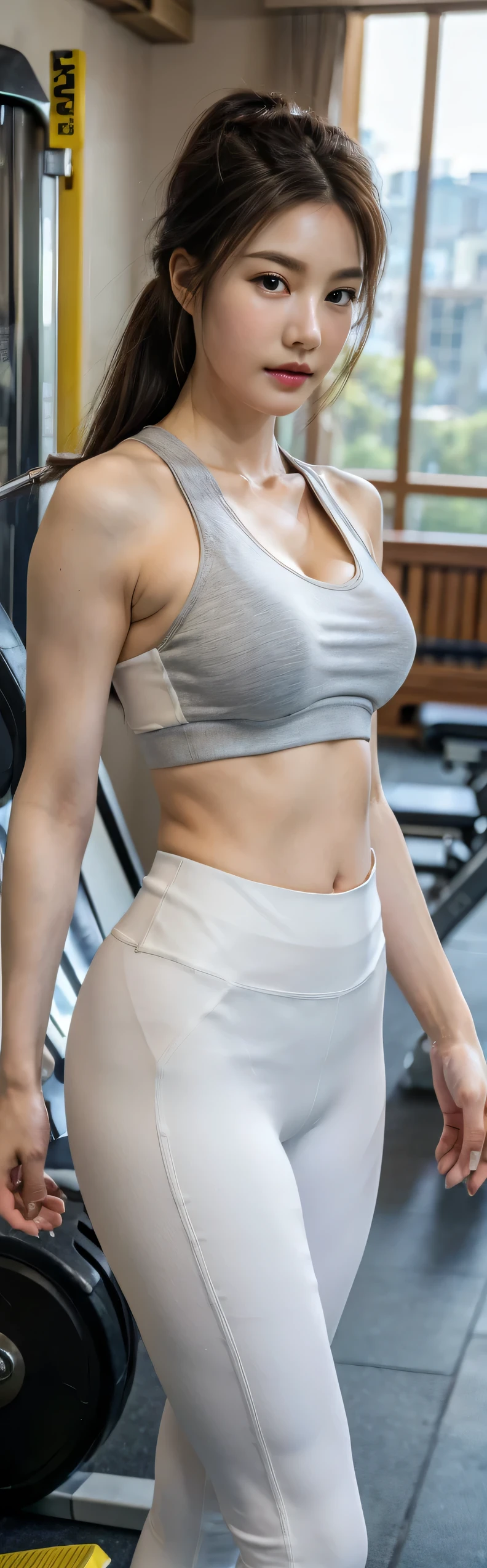 (top-quality、photos realistic、8K、32K、masterpiece、nffsw:1.2、Detailed muscular girl、One、huge-breasted:3、gargantuan butt:3、detailed gym)、Women in Japan、short-hair、full body seen、Sit up、Bend your knees and spread your legs、((Being in the gym))、Power Rack、so sexy、White thin fabric yoga wear