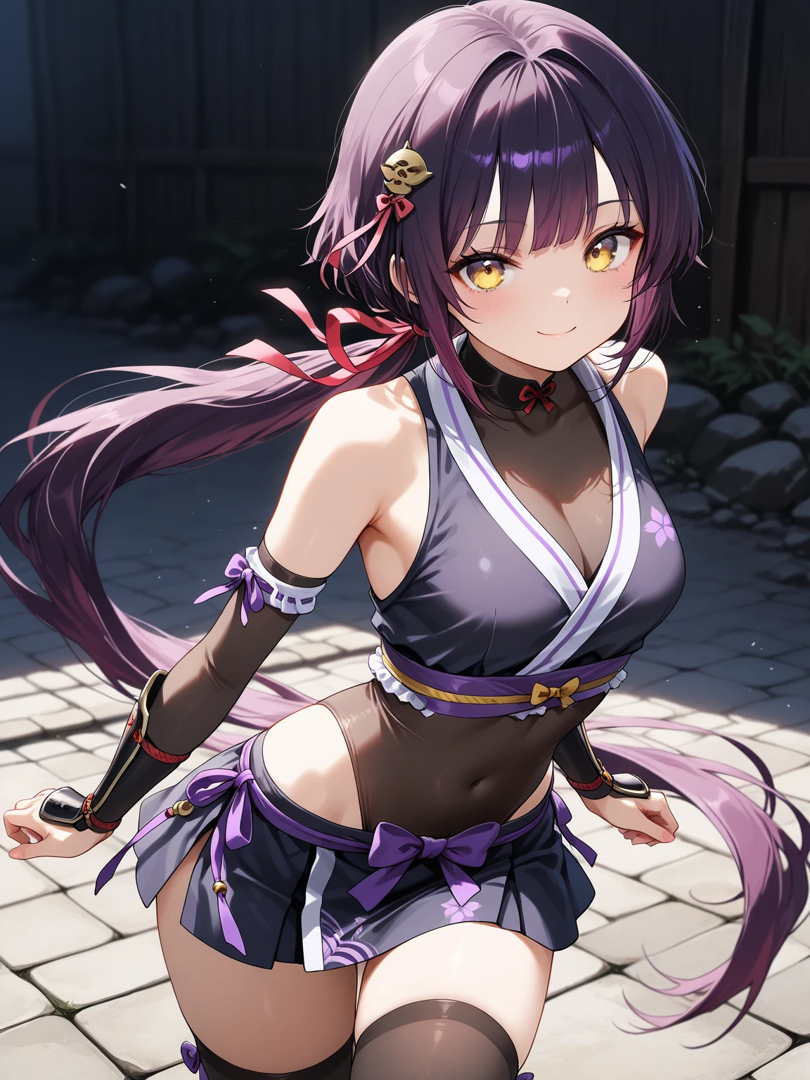 Street Fighter style best quality, masterpiece, illustration by mashilemo ,purple hair, pink eyes, cel shading, ponytail, japanese_clothes, medium breasts, <lora:yuzu-test-step00002250:0.3> yuzuriha_\(hells paradise\), jigokuraku, yuzuriha_\(jigokuraku\), facing viewer, dutch angle, leaning in to the camera, full body, bent over, kneeling, alluring legs, perspective, shaded face, eyeliner, eyeshadow, ray tracing, HQ, absurdres, narrow waist, hips, thighs, bare shoulders, neck . Vibrant, dynamic, arcade, 2D fighting game, highly detailed, reminiscent of Street Fighter series