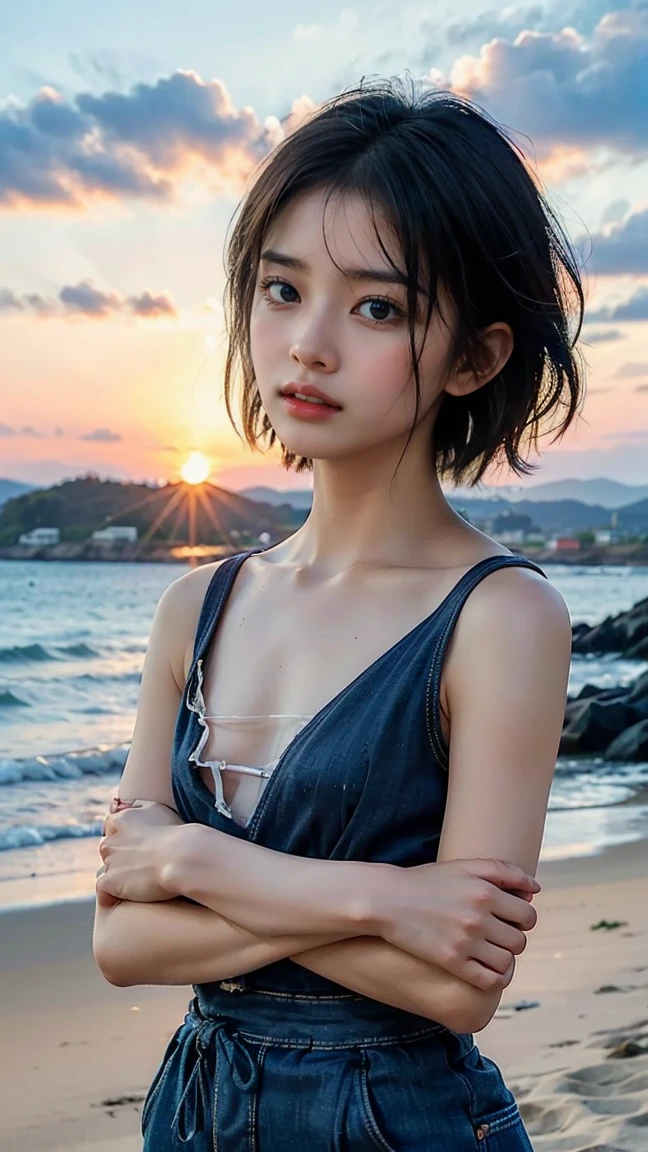 nsfw:1.2, super high quality, a scene from the movie,Japanese famous actress,, (((Android 18 in Dragon Ball )))， 40 years old ,smile,，64k, high Quality ，Clear body line、Small size breast,、Full body diagram、Angle from the side、Staring at the camera、beauty,high detail，standing on the sunset beach:1.4 , no make，My hair is fluttering in the wind， short hair:1.0, Delicate shoulders, (The breast are facing up:1.4),,(   lerge Mons pubis :1.2),