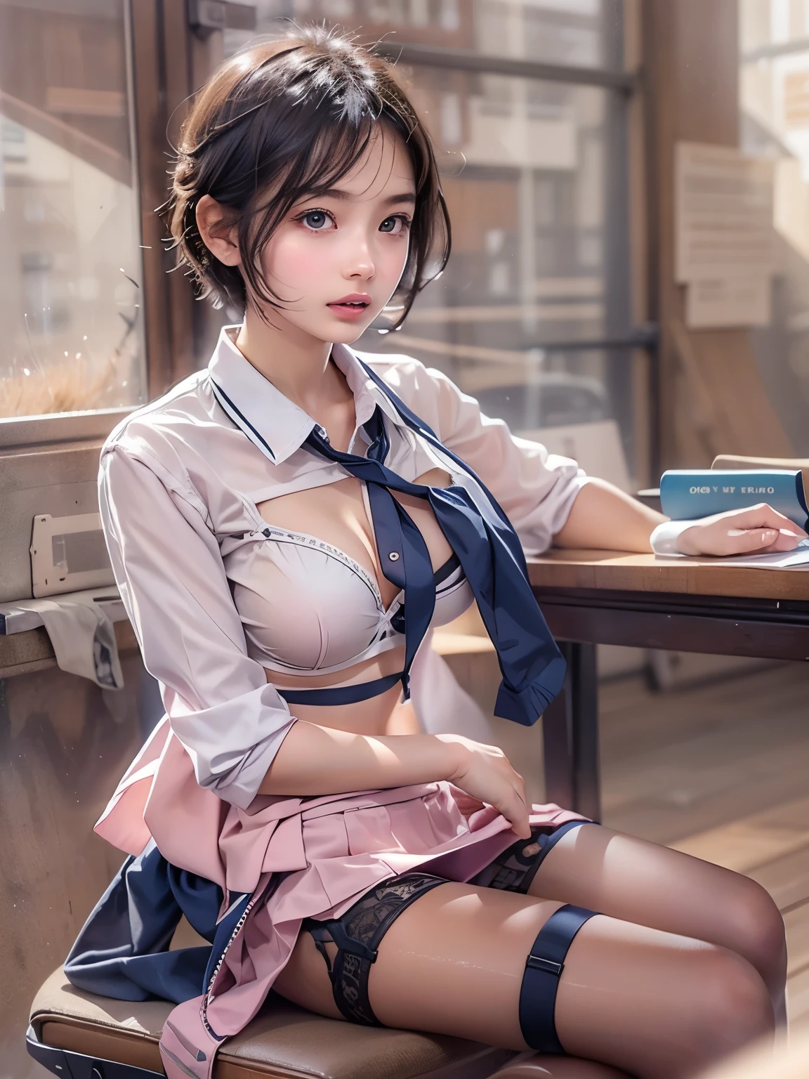 8k、RAW Photos、Highest quality、Super detailed、Super Resolution、Ultra HD、8k wallpaper、Amazing detailed school classroom、Many students、blackboard、Write in a notebook、smile、(A sitting at a desk studying)、(Emphasize cleavage)、Heart Necklace
(((A black floral bra is visible)))