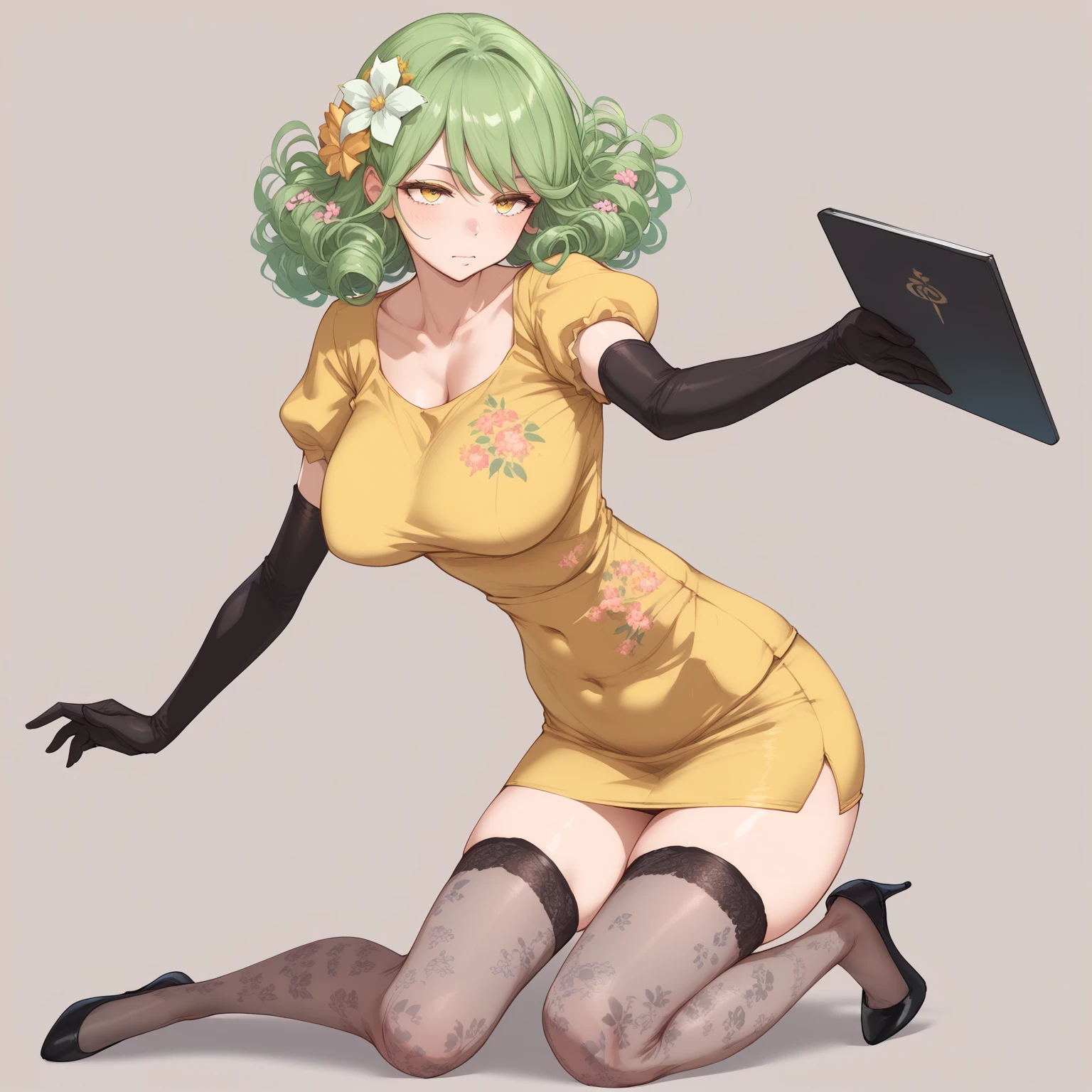 ((  top quality ))), (   Details), 8k,Large breasts,   sexy , HYPERBUST  ,   Wide Hips  ,   realistic,   sweated, steamy,  Detailsな目,Kishibe Rie ,color々What kind of sex,Kishibe Rie , yellow eyes, green hair, hair flower, curly hair, yellow shirt, pencil skirt, elbow gloves, print gloves, floral print, puffy short sleeves, collarbone, print thighhighs , black footwear, high heels