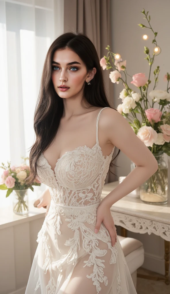 (transparent wedding dress: 1.6) (photo brut: 1.2) ((photorealistic: 1.4)) best quality, masterpiece, illustration, an extremely delicate and beautiful, extremely detailed, CG, unit, 8k wallpaper, amazing, fine details, masterpiece, best quality, official art, extremely detailed CG unit 8k wallpaper, absurd, absurdly amazing, huge file size, ultra-detailed, highres, extremely detailed, extremely detailed eyes and face, beautiful detailed eyes, light on face,  cinematic lighting, 1girl, upper body, upper body photographed, see thoroughly, looking at the viewfinder, dome of flowers, arms behind back, colored hair, pink edges, Mitsuri Kanroji, show 0.5