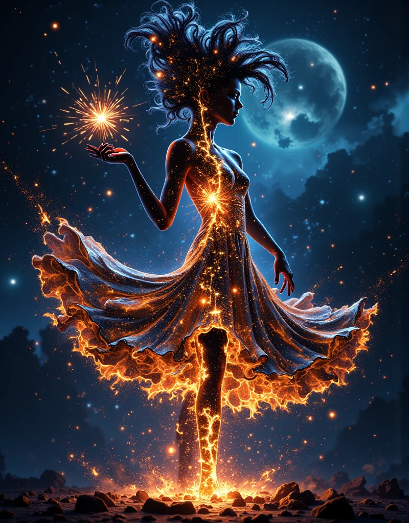 silhouette of a dancing woman ignites the cosmos from a sparkler candle in a multi-exposure style, abstract silhouette against an astrographic backdrop featuring nebulae and galaxies, graceful pose, magnificent figure, beautiful face, pearlescent colors dancing in the cosmic void, composition embodying the ideal blend of simplicity and intricacy, digital painting inspired by the artistically bold philosophies of Peter Nottrott, Carmen Herrera, and Knox Martin, stunning surreal masterpiece with ultra fine details, vibrant detailed painting, deep color, fantastical, intricate detail, splash screen, complementary colors, fantasy concept art, 8k resolution trending on Artstation Unreal Engine 5