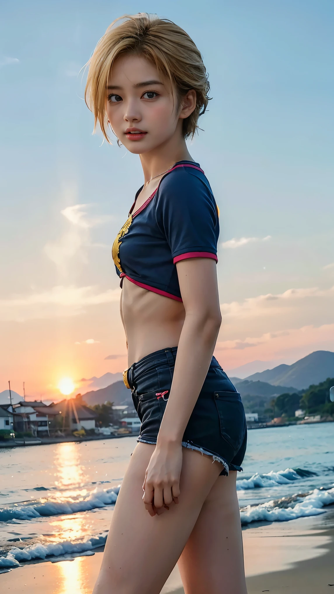 nsfw:1.2, super high quality, a scene from the movie,Japanese famous actress,, (((Android 18 in Dragon Ball )))， 40 years old ,smile,，64k, high Quality ，Clear body line、Small size breast,、Full body diagram、Angle from the side、Staring at the camera、beauty,high detail，standing on the sunset beach:1.4 , no make，My hair is fluttering in the wind， short hair:1.0, Delicate shoulders, (The breast are facing up:1.4),,(   lerge Mons pubis :1.2),