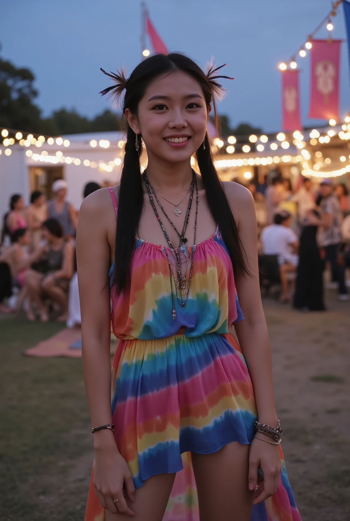 An Asian woman wearing a vibrant rainbow tie-dye sundress with spaghetti straps, styled with a lightweight, flowing tie-dye cape that billows gently in the wind. She also wears a matching tie-dye headscarf tied elegantly, with small braided hair details adorned with feathers and beads, as well as layered jewelry like long necklaces, bangles, and hoop earrings for a festive bohemian vibe.
The backdrop is a lively music festival with colorful flags fluttering in the breeze, large artistic installations, and groups of people dancing near a main stage with glowing lights. Surrounding the area are food trucks, festival-goers sitting on picnic blankets, and musicians playing acoustic sets under strings of twinkling fairy lights as the evening sets in.The tone is joyful and vibrant, capturing the free-spirited energy of a bohemian music festival filled with art, music, and community celebration.