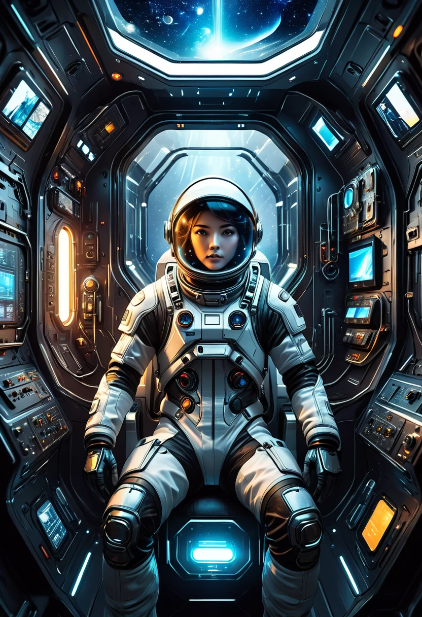 a futuristic astronaut in a space capsule, control panel, high-tech interior, metal and glass materials, atmospheric lighting, dramatic cinematic composition, intricate details, photorealistic, concept art style