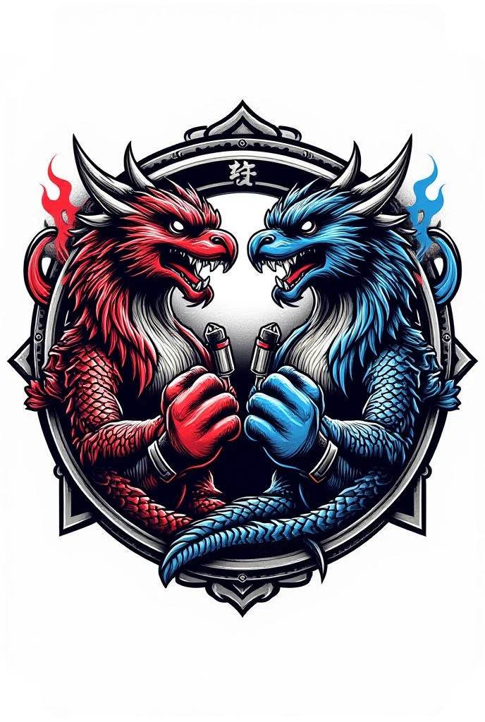 A karate logo, contain phoenix and dragon.a pair of glove which one is red and one is blue. Mascot style logo, emblem style