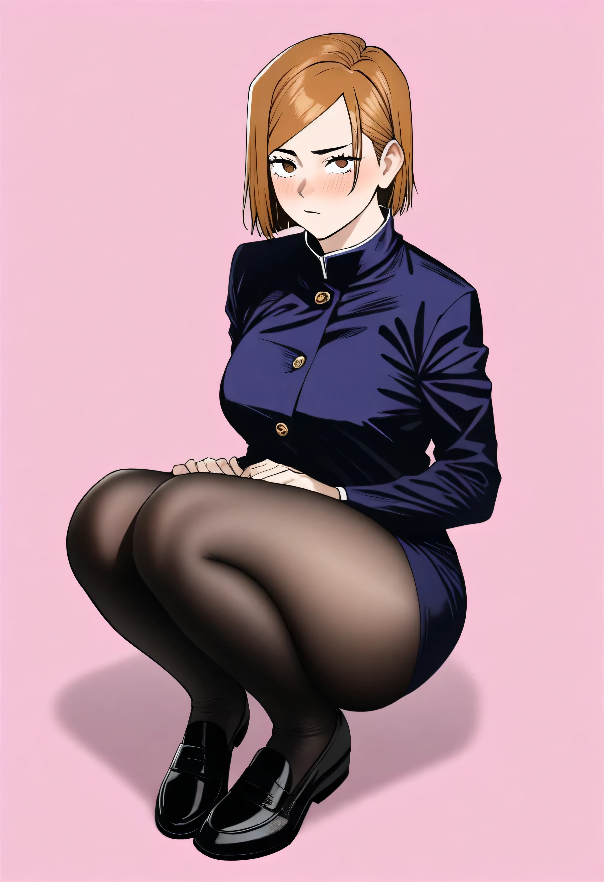 best quality, amazing quality, very aesthetic, absurdres,
Nobara Kugisaki (Jujutsu Kaisen), full body, thighs, tights, modest proportions, realistic proportions, medium breasts, sitting on knees, looking up at viewer, blushing, black and white, simplistic details, medium breasts