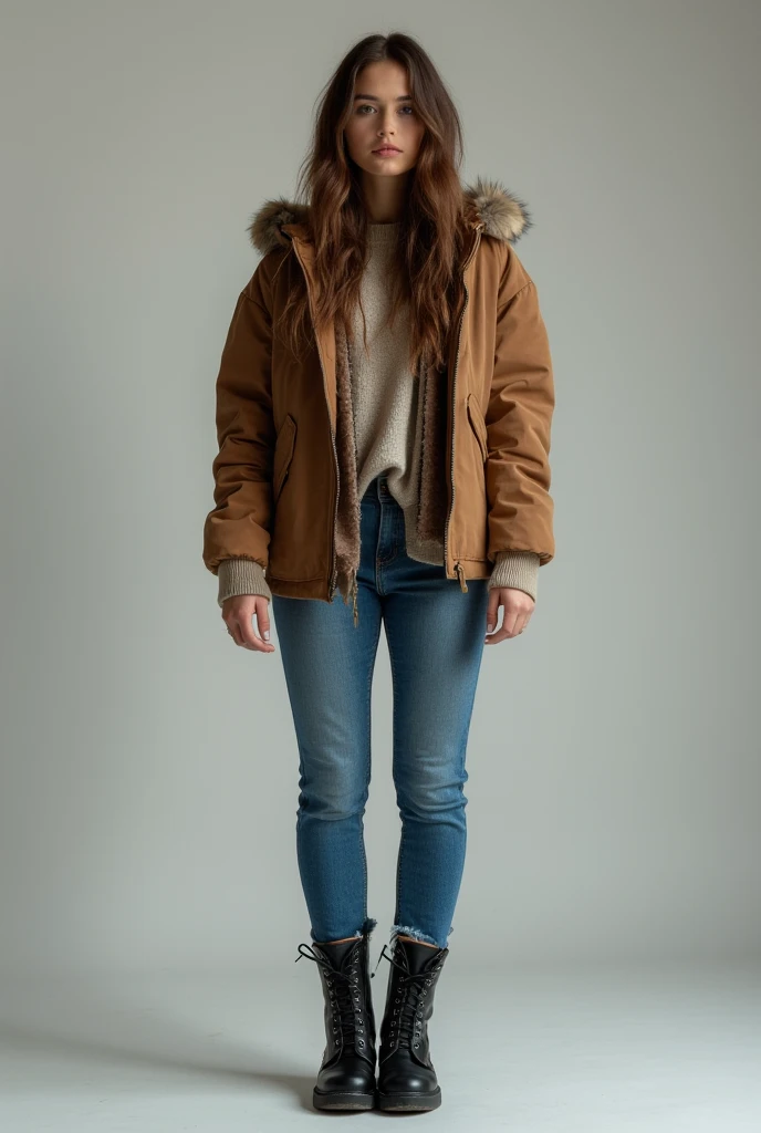  beautiful woman, 3,  long brown hair,  brown jacket,  blue jeans ,  black lace up boots ,  giant,  , Subjective shot, Boots Sole,   full body shot  