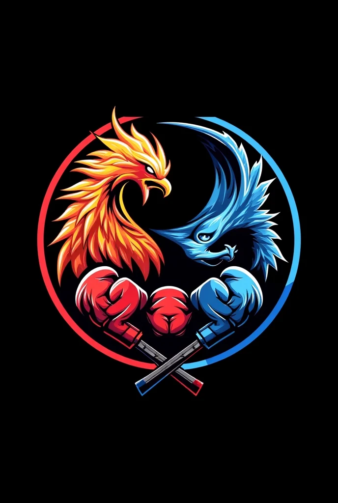 A karate logo.contain phoenix and dragon.a pair of glove which one is red and one is blue. emblem style