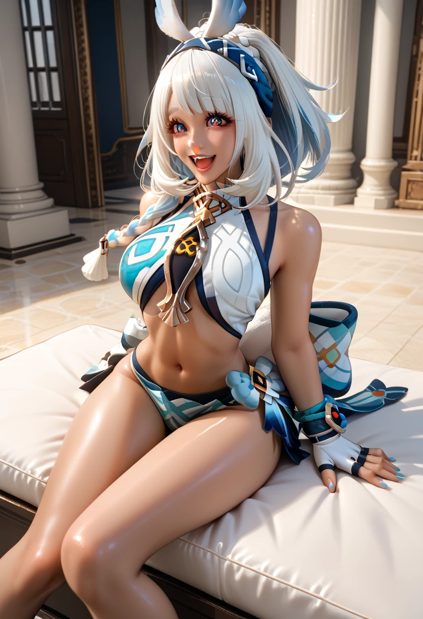 white long hair, wearing blue navy dress elegant, smile expressioon, Staring intently, 3horn headband, blue nails, photorealistic, masterpiece, beautiful face, perfect hand, perfect finger