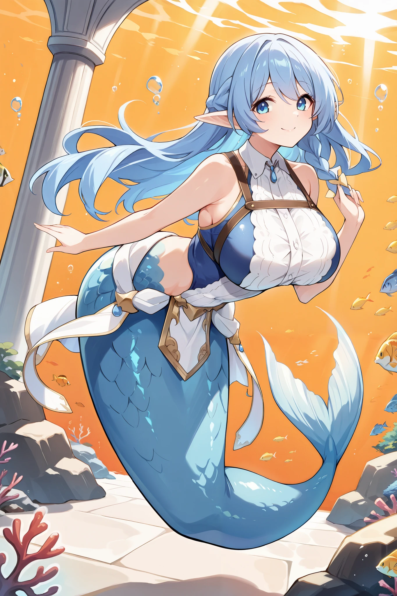 (Fraction_9:0.9),Fraction_8_up,Fraction_7_up,grade_of,实际of,(zPDXL3), ( masterpiece), ( best quality),(完整of五根手指), a girl ,Water Enchantress of the temple,Blue Hair , blue eyes,Elf ears,独自of, Big Breasts ,Mermaid,蓝色ofMermaid尾巴,Fish scales,Smile,害羞of,Underwater,seabed,Full body picture