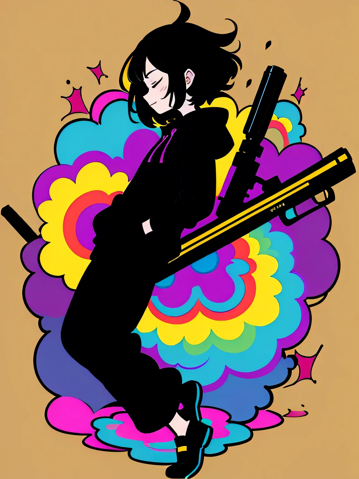 sideview,profile,Alone,fullbody,male,black medium hair,big rainbow colored gun , gold black hoodie,Rainbow Background, STYLISH ACTION POSE,closed eyes,white simple background,Murakami Takashi:1.3,kaleidoscope,outline,(illustration),