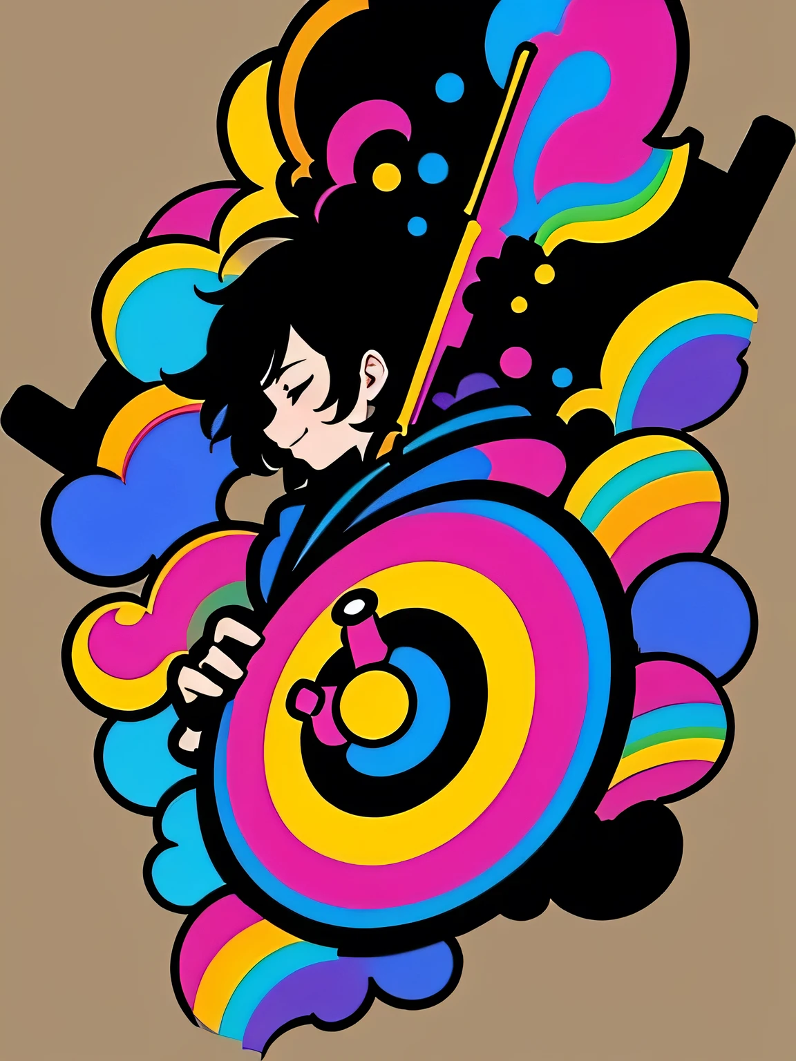 sideview,profile,Alone,upperbody,male,black medium hair,big rainbow colored gun , gold black hoodie,Rainbow Background,closed eyes,white simple background,Murakami Takashi:1.3,kaleidoscope,outline,(illustration),