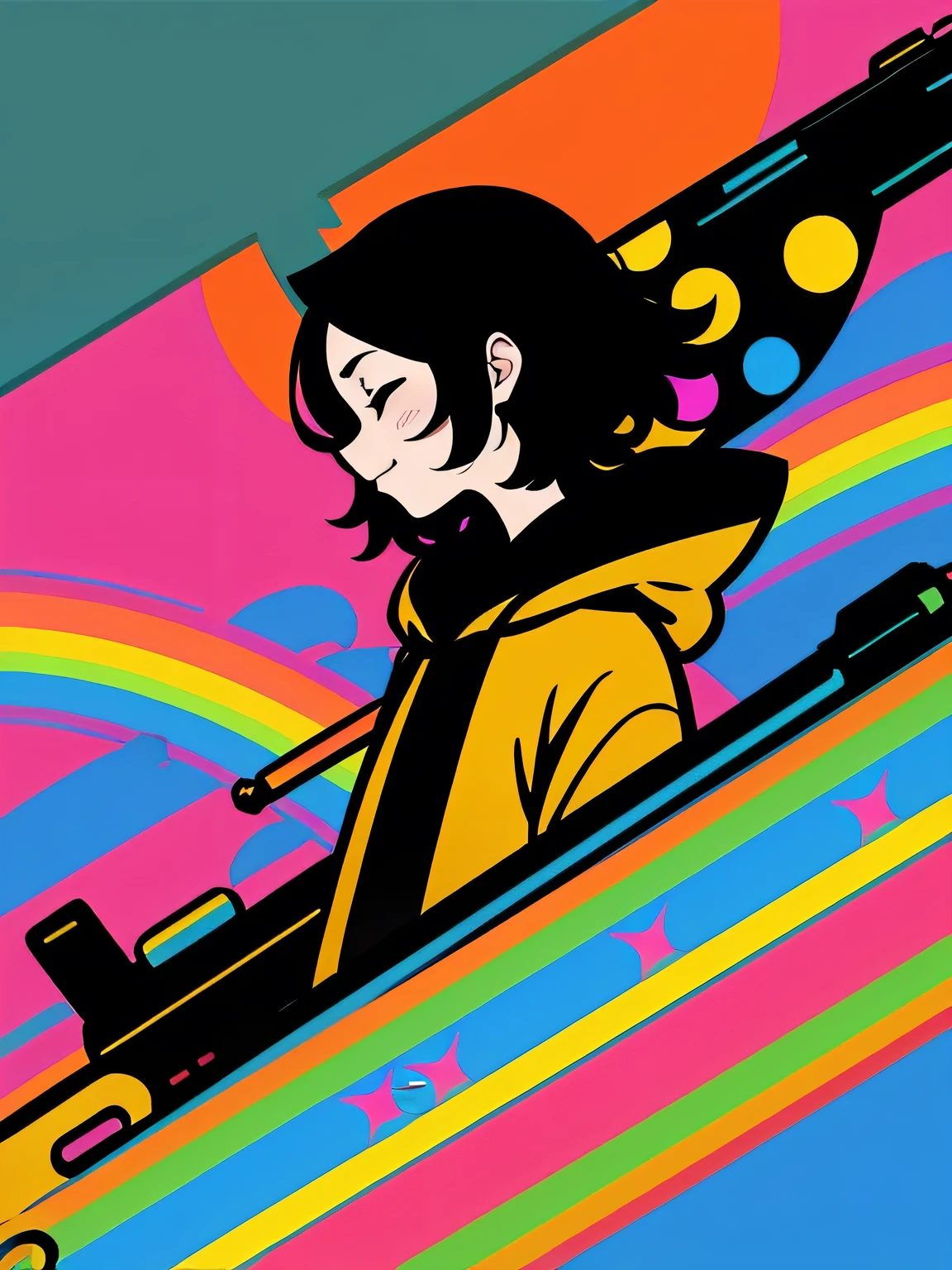 sideview,profile,Alone,upperbody,male,black medium hair,big rainbow colored gun , gold black hoodie,Rainbow Background,closed eyes,white simple background,Murakami Takashi:1.3,kaleidoscope,outline,(illustration),