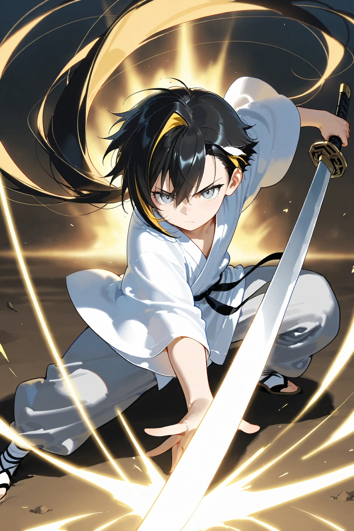 
score_9, score_8_up, score_7_up, high detailed, high quality, masterpiece, no text, quality highlights, 8k detail, detailed background, source_anime, dynamic view, hentai, ultra-detailed,
... boy, solo, Young, Shota, Ancient oriental style, black hair, Hanfu,  Gray eyes, He is a human, Single hair intake, Absurdly Long Hair, Long eyelashes, Handsome, masterpiece, perfect, Cool,

Chinese swordsman, battle stance, battoujutsu, attacking pose, A sword,