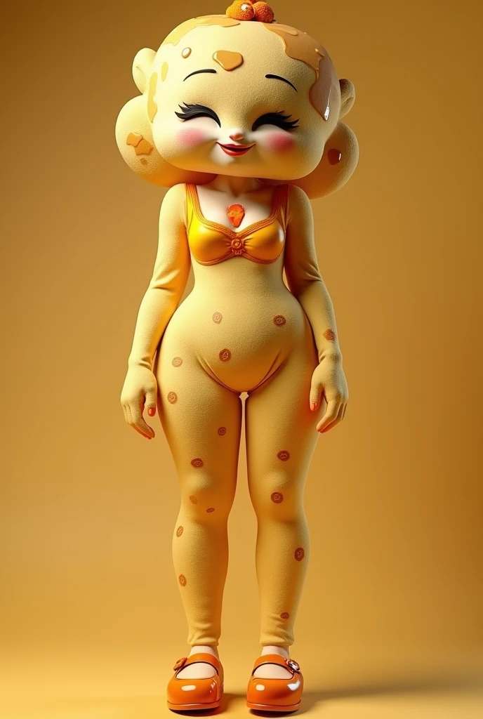 Small, slender, female plush dog with great thighs, large breasts, and cream-colored fur. She has beautiful brown eyes and is wearing a full-body bikini. She is a toy and has life..