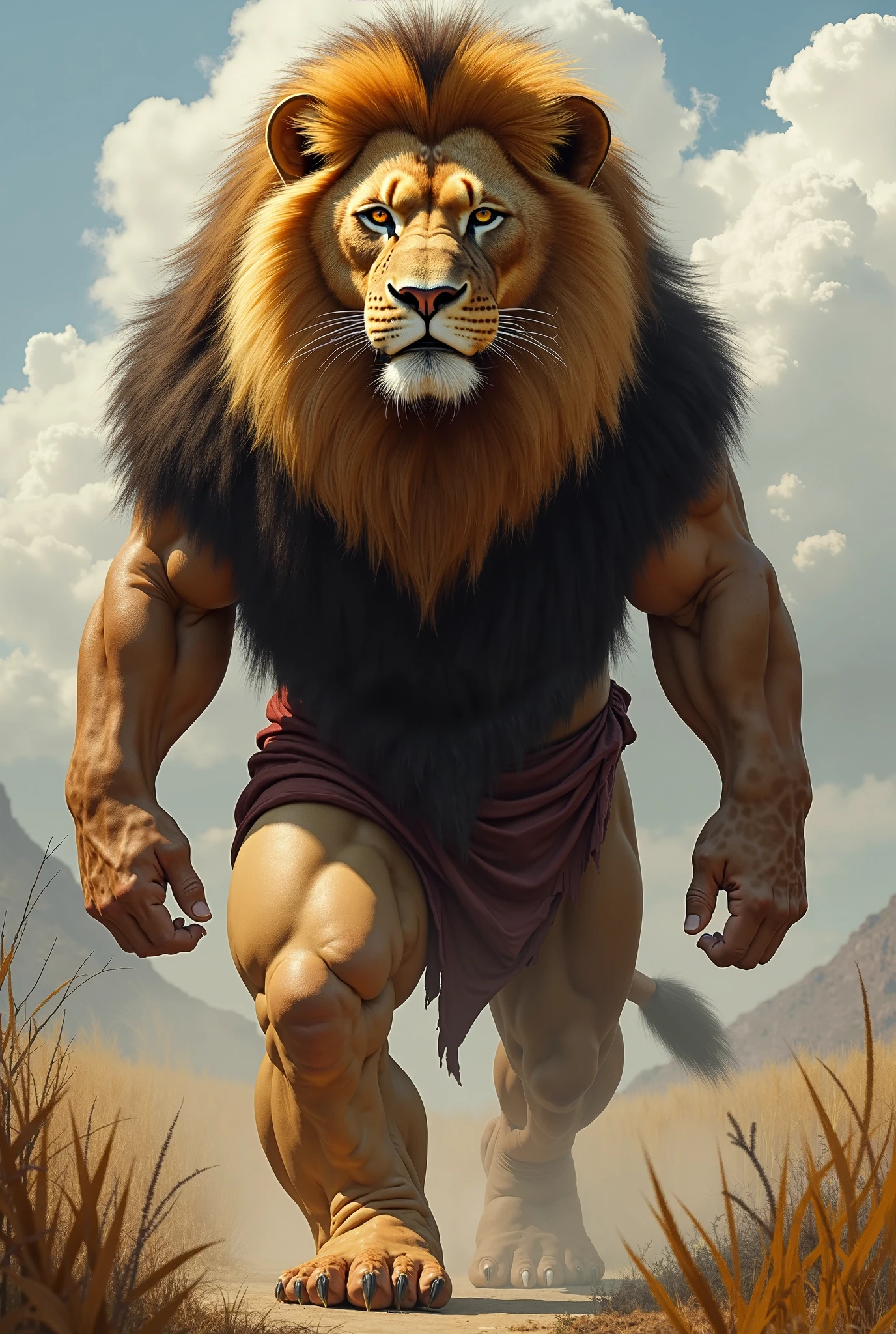 there is a lion that is standing in the street, guerreirthe Lion, pintura de golias, Senhor das Bestas, retrato pintado de Zeus robusto, Aslan, the Lion, half lion, fur-clad barbarian goliath, Senhor da Selva, porta dthe Lion, with the mane of a lion, epic digital art illustration, pintura bonita de um alto, cavaleiro da fantasia forte