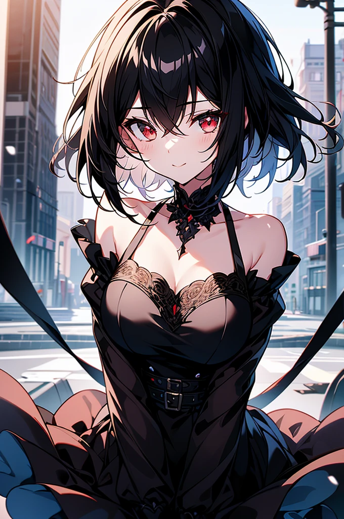 ((masterpiece, best quality)), (1girl, anime girl in dark castle hall),(mature, devil horn), (solo), (female focus), (tourmaline hair, messy hair, short hair),blue eyes, (black dress, vampire)), pale skin, evil, vicious, portraits, close up, upper body, vibrant colors, soft lighting