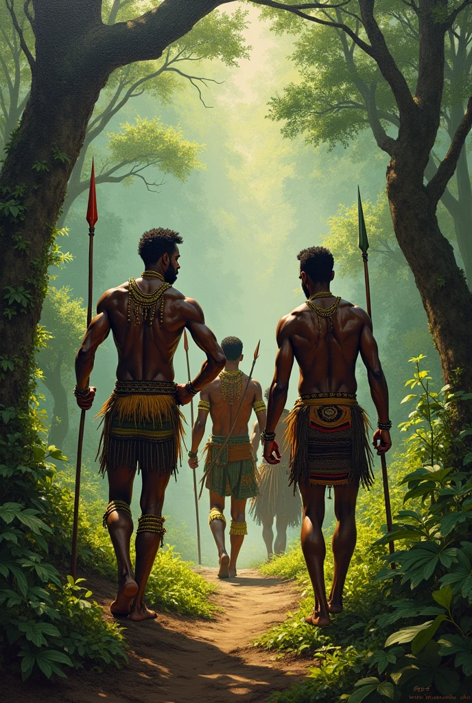 Two Amazonian Brazilian indigenous men from opposite sides facing each other with crossed arms, On a background of tall trees.