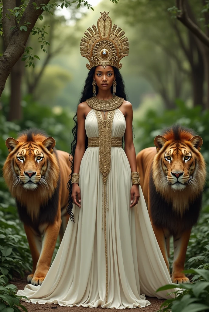 Ethiopian Queen Saba, her skin is more light, her outfit like white cotton dress, her crown like king Solomon, full body, lion and tiger, garden,guard.