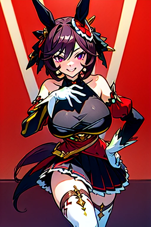 gentildonna,umamusume,1girl, animal ears, solo, purple eyes, horse tail,large breasts,,light smile,best quality,bare shoulders, white gloves, black belt on the chest, red dress, frills, ribbon, black skirt, thighhighs, white legwear, large breasts, hand on own hip, smug,