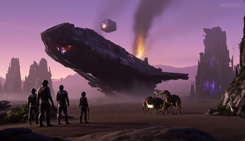 (best quality, 128k,highres,masterpiece:1.2),ultra-detailed,(realistic,photorealistic,photo-realistic:1.37), ((masterpiece)) ((photography)) ((Highest quality)) A massive spaceship crash-landed on an uncharted planet, split between a barren desert and a dense, glowing jungle. The wreckage of the ship is scattered across the terrain, with smoke rising into a twilight sky tinged with purple and gold. At the base of the damaged ship, a seasoned captain, Kael, clad in a worn but authoritative uniform, stands next to his young daughter, Elya, her jumpsuit smeared with oil and her tools strapped to her belt.
Around them, a diverse group of survivors gathers—humans and grotesque aliens of varying forms: a translucent mollusk shimmering under the fading light, a towering insectoid with blade-like limbs, and a floating cube adorned with glowing, shifting glyphs. Tension is palpable as the survivors argue over their next steps, their voices echoing against the eerie calls of distant, unseen creatures from the jungle.
The captain, gripping a handheld scanner, surveys the alien terrain for threats, while Elya tinkers with a makeshift beacon in a desperate attempt to send a distress signal. Behind them, the remnants of the spaceship flicker with unstable energy, casting sporadic sparks of light on the anxious faces of the survivors.
The atmosphere is one of chaos and uncertainty, as the group struggles to organize their survival amidst alien dangers, dwindling resources, and the possibility that not everyone can be trusted.