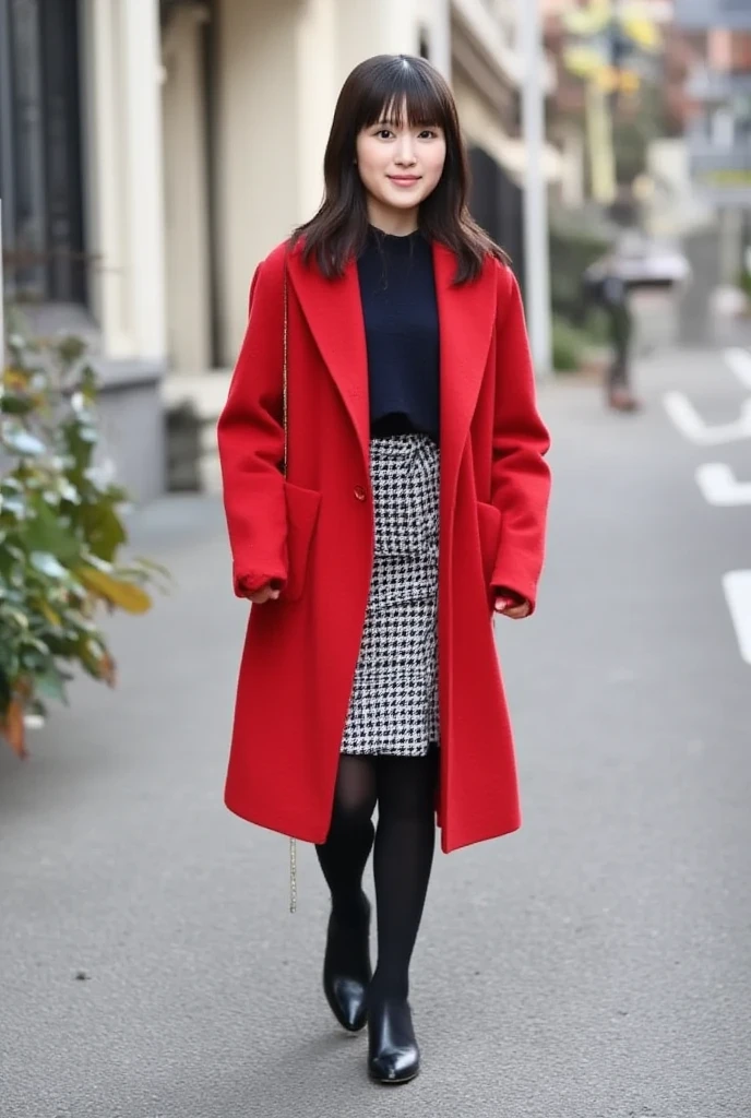  outdoor,Girl in an elegant dark red long coat , navy knitted top and houndstooth pattern miniskirt,Pumps and black ankle socks,Full body standing street photography, confident expression , shiny long hair,Idol Instagram Photos.Skin-colored pantyhose,Wearing black leather gloves