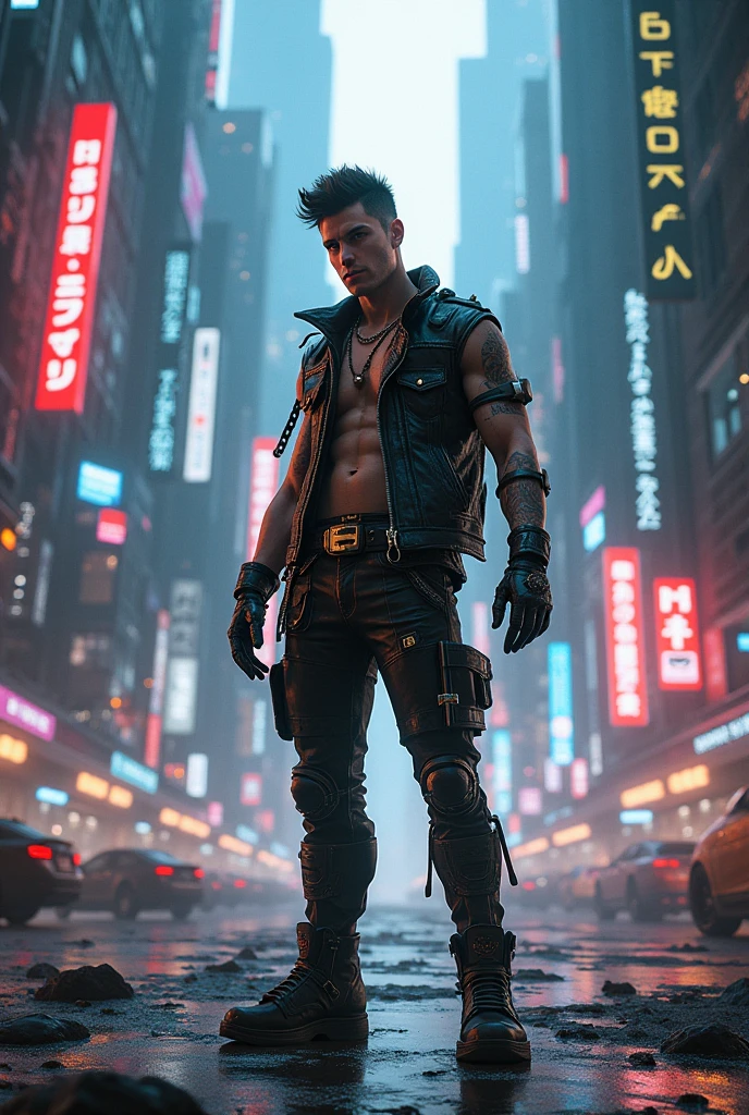 In the heart of a gritty, rain-soaked city, a best quality, ultra-detailed portrait of a brooding cyber punk character comes to life. The intricate mecha design is a blend of harsh metallics and sleek neon accents, with glowing circuits that crackle with energy. His cybernetic eyes gleam with an intense, otherworldly light, reflecting the atmospheric perspective of the cityscape behind him.

Surrounding the character, the city streets are alive with offbeat colors and grungy textures. Graffiti-covered walls tower above cracked pavement, their vibrant hues contrasting with the dreary atmosphere of the night. Steamy