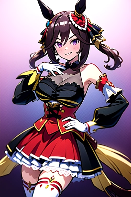 gentildonna,umamusume,1girl, animal ears, solo, purple eyes, horse tail,large breasts,,light smile,best quality,bare shoulders, white gloves, black belt on the chest, red dress, frills, ribbon, black skirt, thighhighs, white legwear, large breasts, hand on own hip, smug,