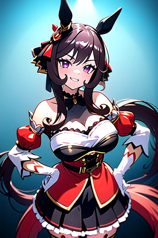 gentildonna,umamusume,1girl, animal ears, solo, purple eyes, horse tail,large breasts,,light smile,best quality,bare shoulders, white gloves, black belt on the chest, red dress, frills, ribbon, black skirt, thighhighs, white legwear, large breasts, hand on own hip, smug,