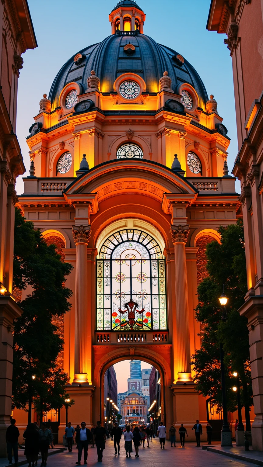 Queen Victoria building in Sydney Australia at sunset, this is the biggest neoclassical building in the world, it is the size of 18 city blocks, multiple domed ceilings, stained glass rosette windows