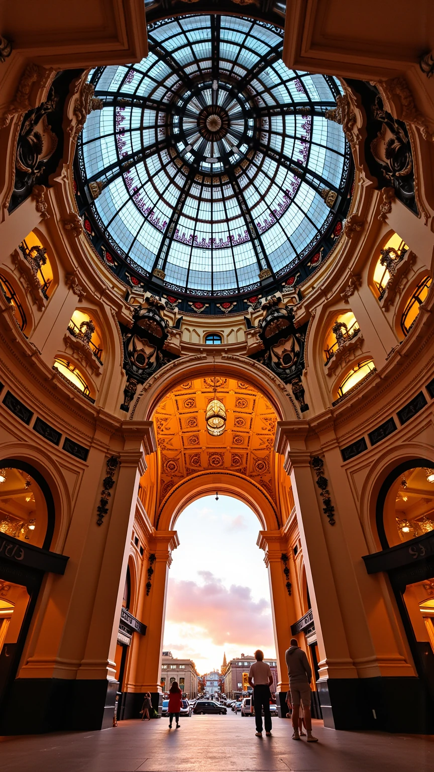 Queen Victoria building in Sydney Australia at sunset, this is the biggest neoclassical building in the world, it is the size of 18 city blocks, multiple domed ceilings, stained glass rosette windows