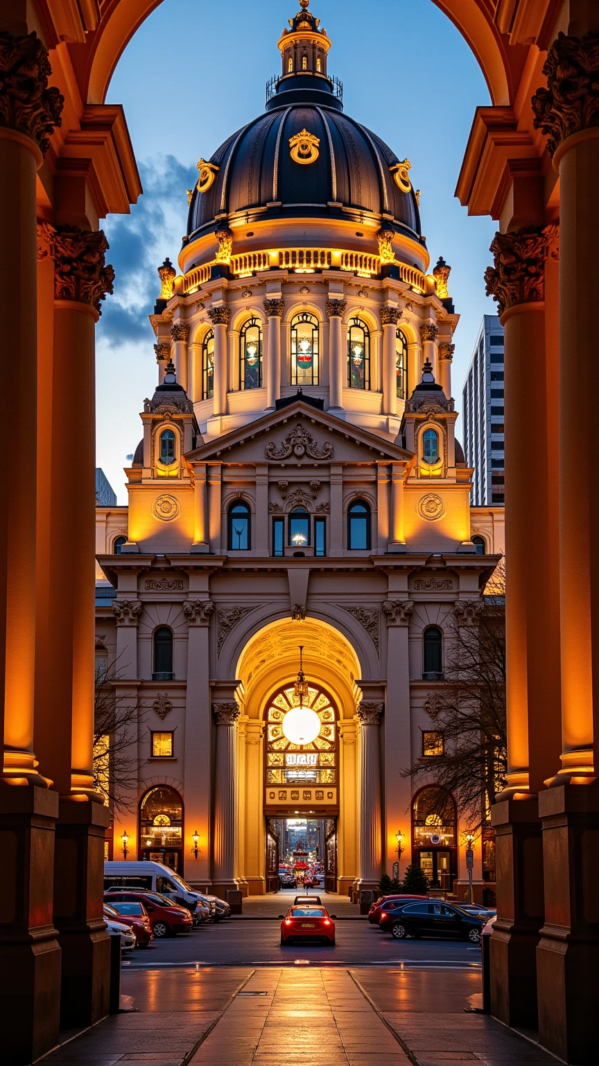 Queen Victoria building in Sydney Australia at sunset, this is the biggest neoclassical building in the world, it is the size of 18 city blocks, multiple domed ceilings, stained glass rosette windows