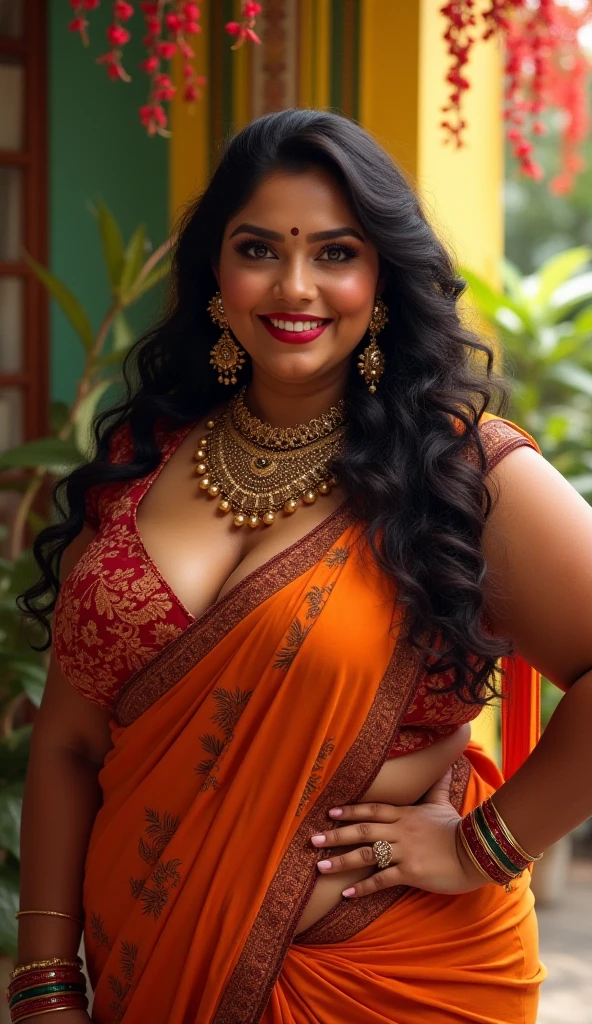 <lora:Saree_Babes_V1:0.7> woman in saree, (cleavage, beautiful, full body shot:0.7)
