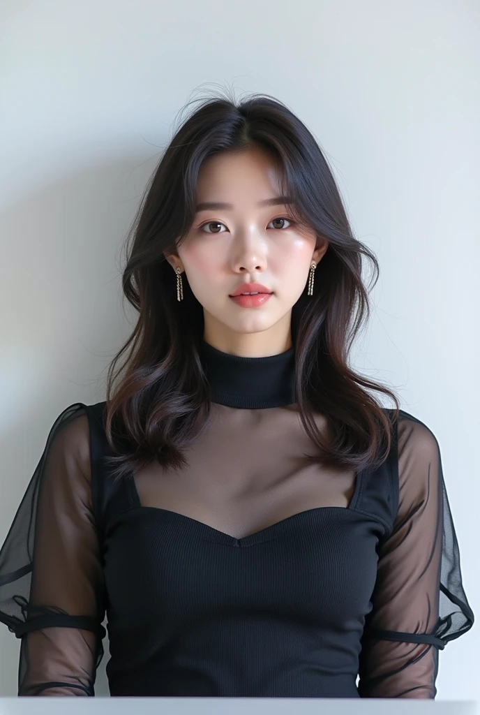 See-through tops、Long sleeve dress、Silky Hair、White wall、Taken in front of a white door、((highest quality、8k、masterpiece:1.3))、Ultra-high resolution、(photoGenuineistic:1.4)、RAW Photos、Japanese,(face)、Genuine、Photographed in natural light、Highly detailed face and skin texture、Highly detailed lips、The correct state of the human body、Medium Hair、Black Hair、Various poses、Natural color lip、bob hair