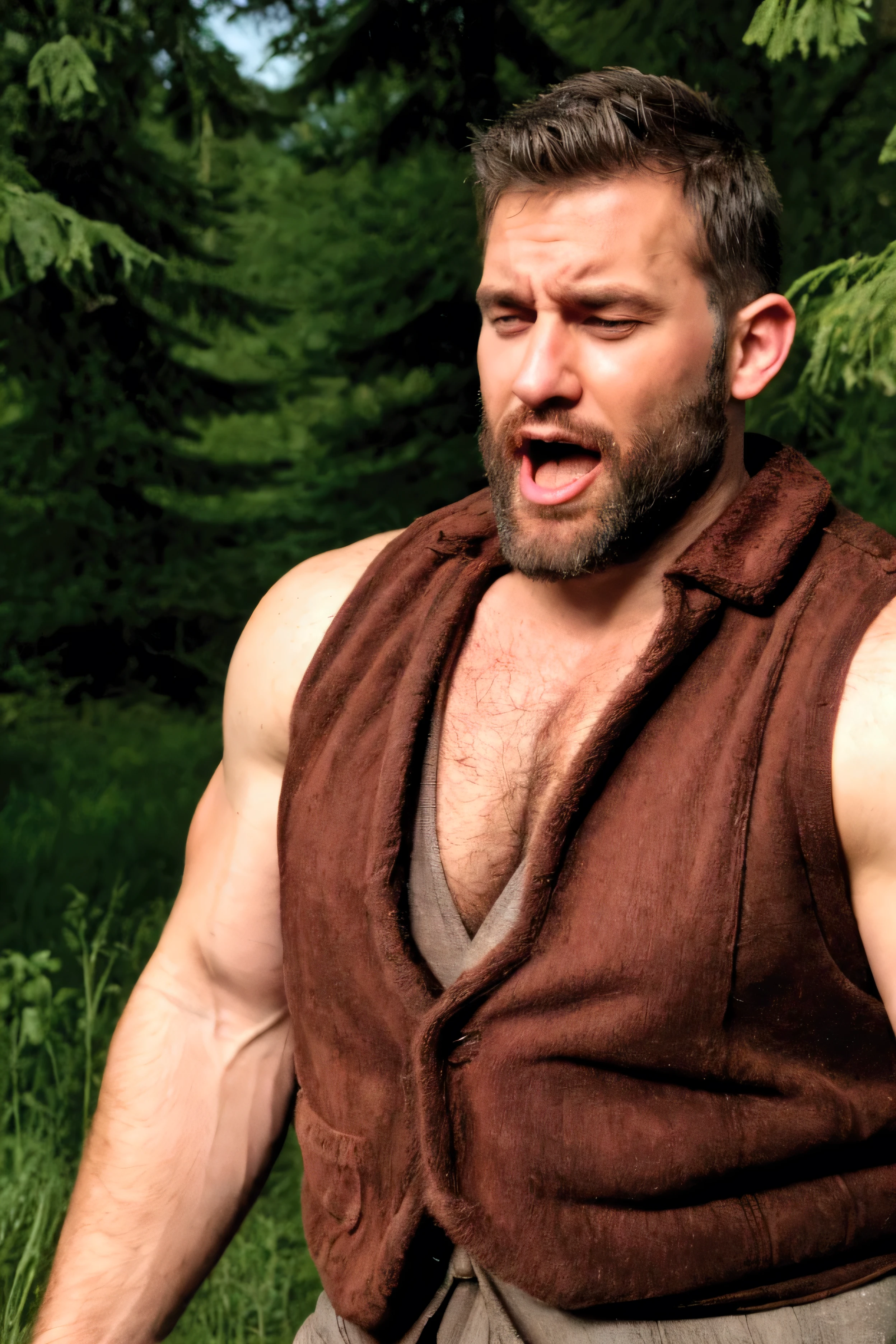 masterpiece, detailed, intricate, epic fantasy, colorful, full body, slight angle, man, 50 years old, hulking, brawny, ankle wraps, very hairy chest, skimpy revealing outfit, receding hairline, smirk, mercenary, blades, big ancient city gates, pointing away, depth of field, particle effects, high quality shadows