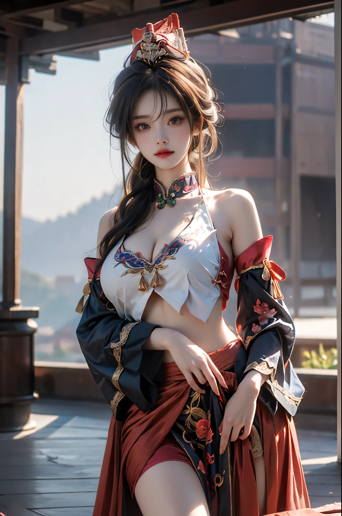 guqinghan,fhz,
hat,hair ornament,hat tassel, chinese clothes, traditional clothes, bare shoulders,dress, detached sleeves, jewelry, print clothes, ((Portrait-oriented, focusing on the subject's body above the calves)), (from below:1.2), (Full chest, visible cleavage), (I-type Valley), (Very short hemline, revealing smooth thighs), Realistic beautiful woman, sexy long-legged model, standing gracefully with elegance. while one hand elegantly lifts the hem of her skirt up to her thigh.    soft natural makeup, and her hair flows beautifully in the gentle breeze.   Photorealistic lighting and shadows, high detail, 4K resolution.