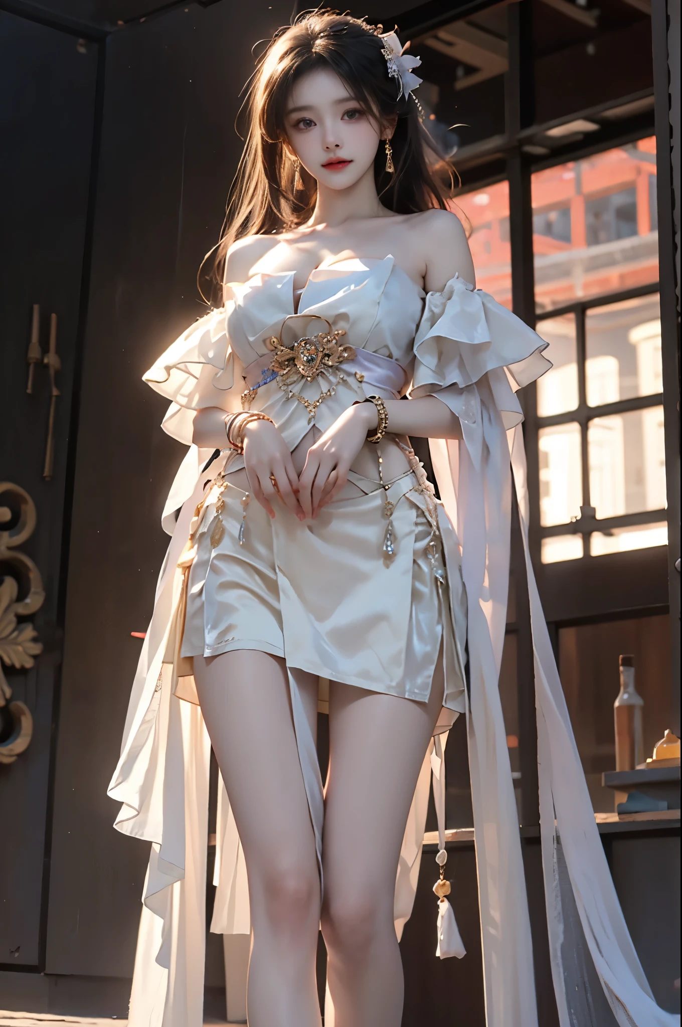 guqinghan, jrys,
high heels,bare shoulders, see-through, jewelry,strapless, collarbone, bracelet, off shoulder,earrings, bow,cleavage, tube dress, strapless dress ((Portrait-oriented, focusing on the subject's body above the calves)), (from below:1.2), (Full chest, visible cleavage), (I-type Valley), (Very short hemline, revealing smooth thighs), Realistic beautiful woman, sexy long-legged model, standing gracefully with elegance. while one hand elegantly lifts the hem of her skirt up to her thigh. soft natural makeup, and her hair flows beautifully in the gentle breeze. Photorealistic lighting and shadows, high detail, 4K resolution.