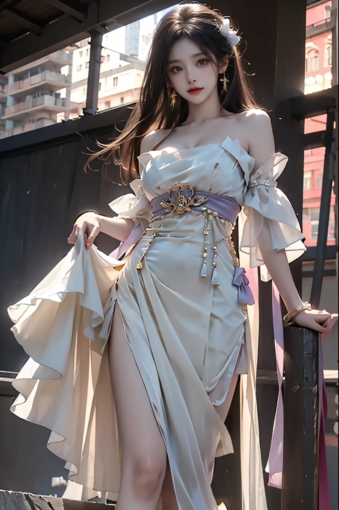 guqinghan, jrys,
high heels,bare shoulders, see-through, jewelry,strapless, collarbone, bracelet, off shoulder,earrings, bow,cleavage, tube dress, strapless dress ((Portrait-oriented, focusing on the subject's body above the calves)), (from below:1.2), (Full chest, visible cleavage), (I-type Valley), (Very short hemline, revealing smooth thighs), Realistic beautiful woman, sexy long-legged model, standing gracefully with elegance. while one hand elegantly lifts the hem of her skirt up to her thigh. soft natural makeup, and her hair flows beautifully in the gentle breeze. Photorealistic lighting and shadows, high detail, 4K resolution.