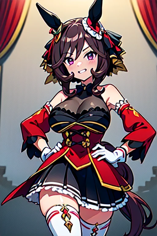 gentildonna,umamusume,1girl, animal ears, solo, purple eyes, horse tail,large breasts,,light smile,best quality,bare shoulders, white gloves, black belt on the chest, red dress, frills, ribbon, black skirt, thighhighs, white legwear, large breasts, hand on own hip, smug,